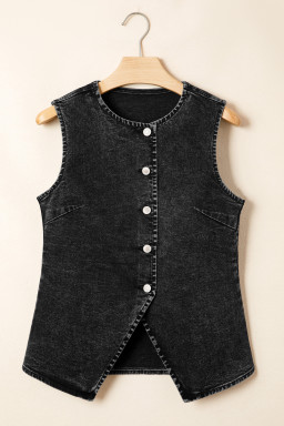 Black Buttoned Front Slit Denim Vest