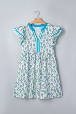 Sky Blue Floral Print Contrast Trim Flutter Sleeve Mini Dress