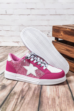 Rose Red Stylish Color Block Glitter Star Patchwork Lace-up Flat Shoes