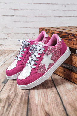 Rose Red Stylish Color Block Glitter Star Patchwork Lace-up Flat Shoes