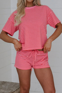 Rose Stripe Side Split Knit Tee Drawstring Shorts Set