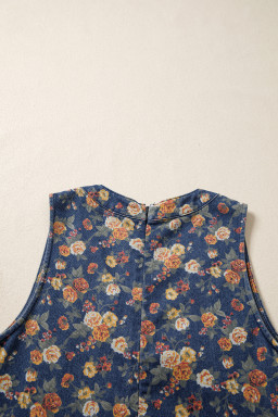 Blue Retro Floral Print Bow Tie V Neck Sleeveless Pleated Loose Denim Romper