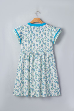 Sky Blue Floral Print Contrast Trim Flutter Sleeve Mini Dress