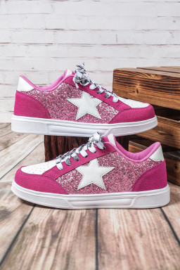 Rose Red Stylish Color Block Glitter Star Patchwork Lace-up Flat Shoes