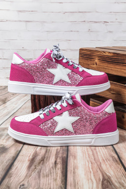 Rose Red Stylish Color Block Glitter Star Patchwork Lace-up Flat Shoes