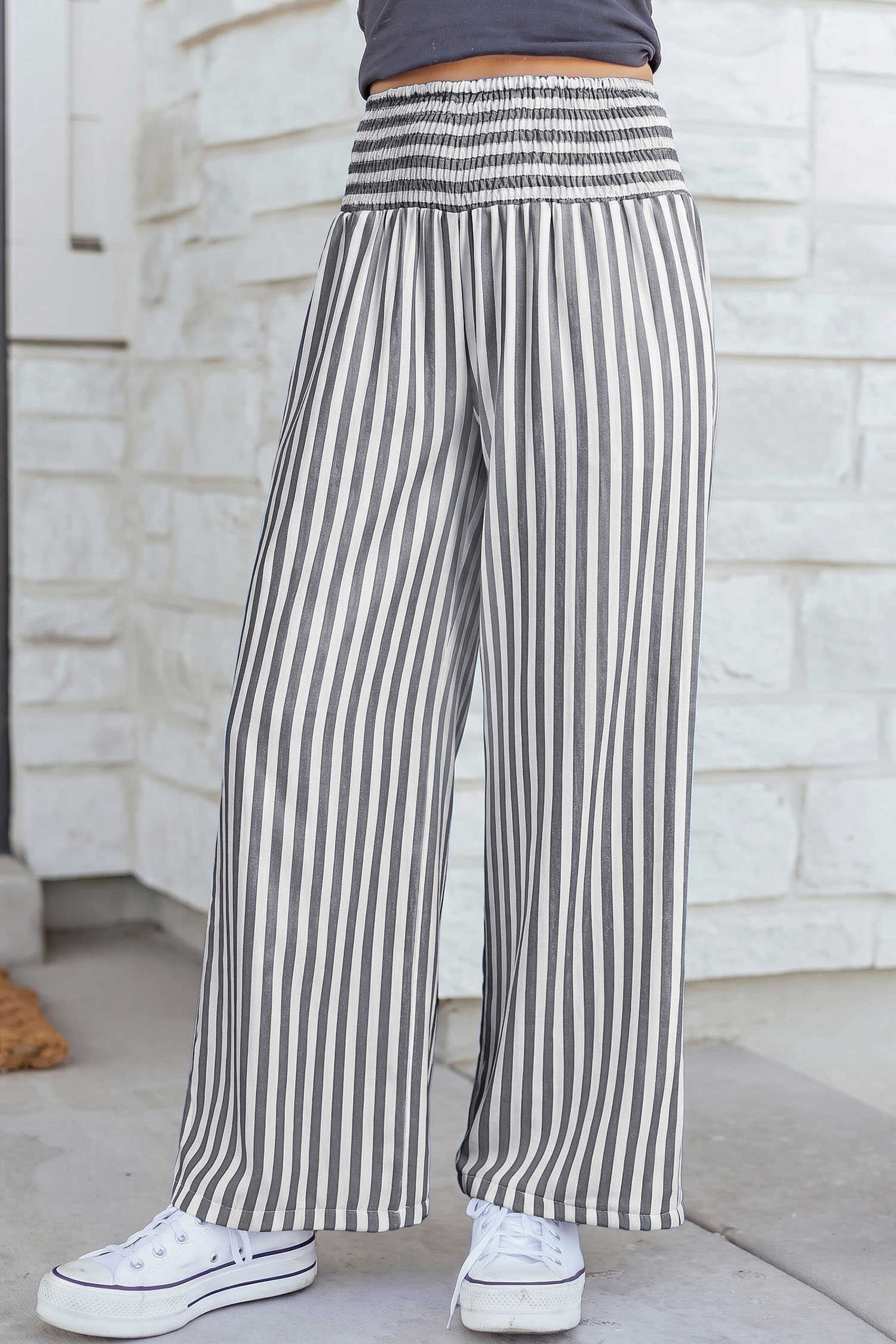 Black Stripe Shirred High Waist Loose Summer Pants