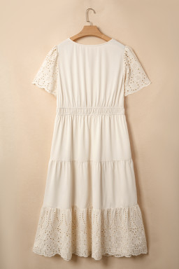 Apricot Plus Size V Neck Lacy Embroidery Patchwork Short Sleeve Maxi Dress