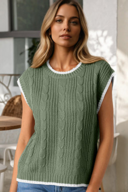 Smoke Green Cable Ribbed Knit Contrast Trim Loose Sweater Vest