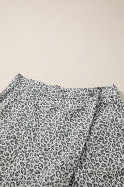 Gray Leopard Print Wrap Front Denim Shorts