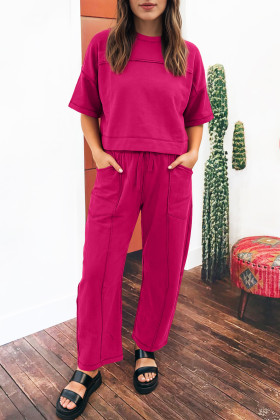 Rose Red Drop Shoulder Boxy Tee and Barrel Pants Set