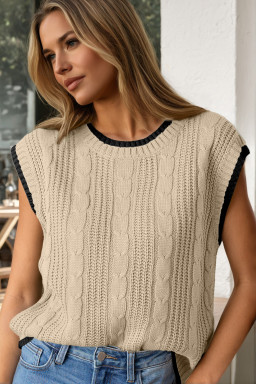 Apricot Cable Ribbed Knit Contrast Trim Loose Sweater Vest