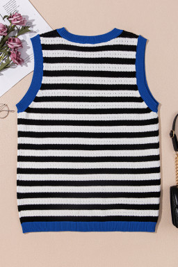 Black Stripe Pointelle Knit Contrast Trim Sleeveless Sweater Top