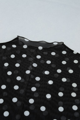 Black Plus Size Mock Neck Polka Dot Long Sleeve Mesh Top