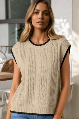 Apricot Cable Ribbed Knit Contrast Trim Loose Sweater Vest
