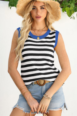 Black Stripe Pointelle Knit Contrast Trim Sleeveless Sweater Top