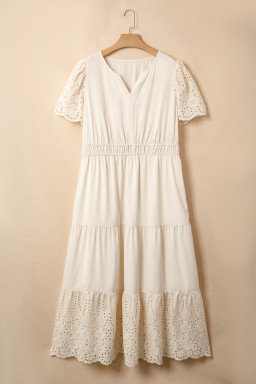 Apricot Plus Size V Neck Lacy Embroidery Patchwork Short Sleeve Maxi Dress