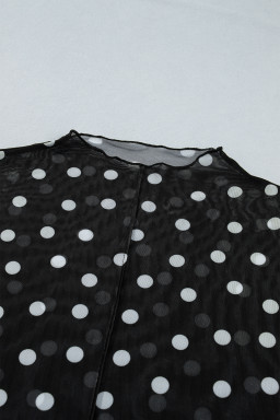 Black Plus Size Mock Neck Polka Dot Long Sleeve Mesh Top