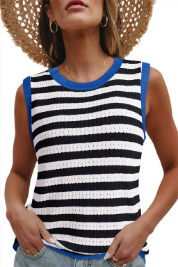 Black Stripe Pointelle Knit Contrast Trim Sleeveless Sweater Top