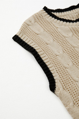 Apricot Cable Ribbed Knit Contrast Trim Loose Sweater Vest