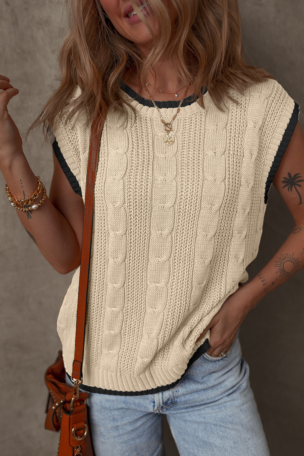 Apricot Cable Ribbed Knit Contrast Trim Loose Sweater Vest