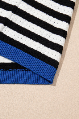 Black Stripe Pointelle Knit Contrast Trim Sleeveless Sweater Top