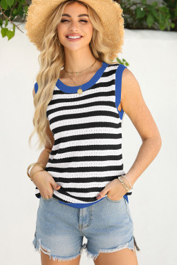Black Stripe Pointelle Knit Contrast Trim Sleeveless Sweater Top