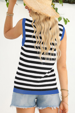 Black Stripe Pointelle Knit Contrast Trim Sleeveless Sweater Top