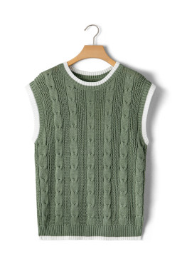 Smoke Green Cable Ribbed Knit Contrast Trim Loose Sweater Vest