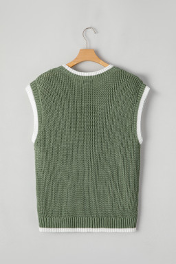 Smoke Green Cable Ribbed Knit Contrast Trim Loose Sweater Vest