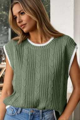 Smoke Green Cable Ribbed Knit Contrast Trim Loose Sweater Vest
