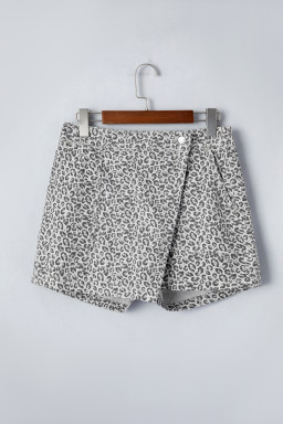Gray Leopard Print Wrap Front Denim Shorts