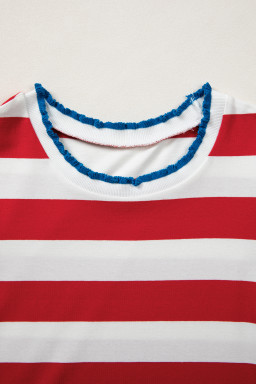 Red Stripe Contrast Trim Round Neck Short Puff Sleeve Shift Mini Dress
