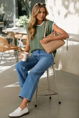 Smoke Green Cable Ribbed Knit Contrast Trim Loose Sweater Vest