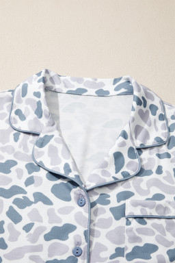 Beige Camouflage Print Lapel Shirt Drawstring 2pcs Short Pajama Set