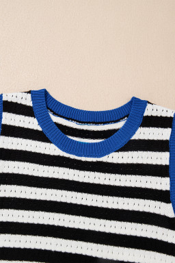 Black Stripe Pointelle Knit Contrast Trim Sleeveless Sweater Top