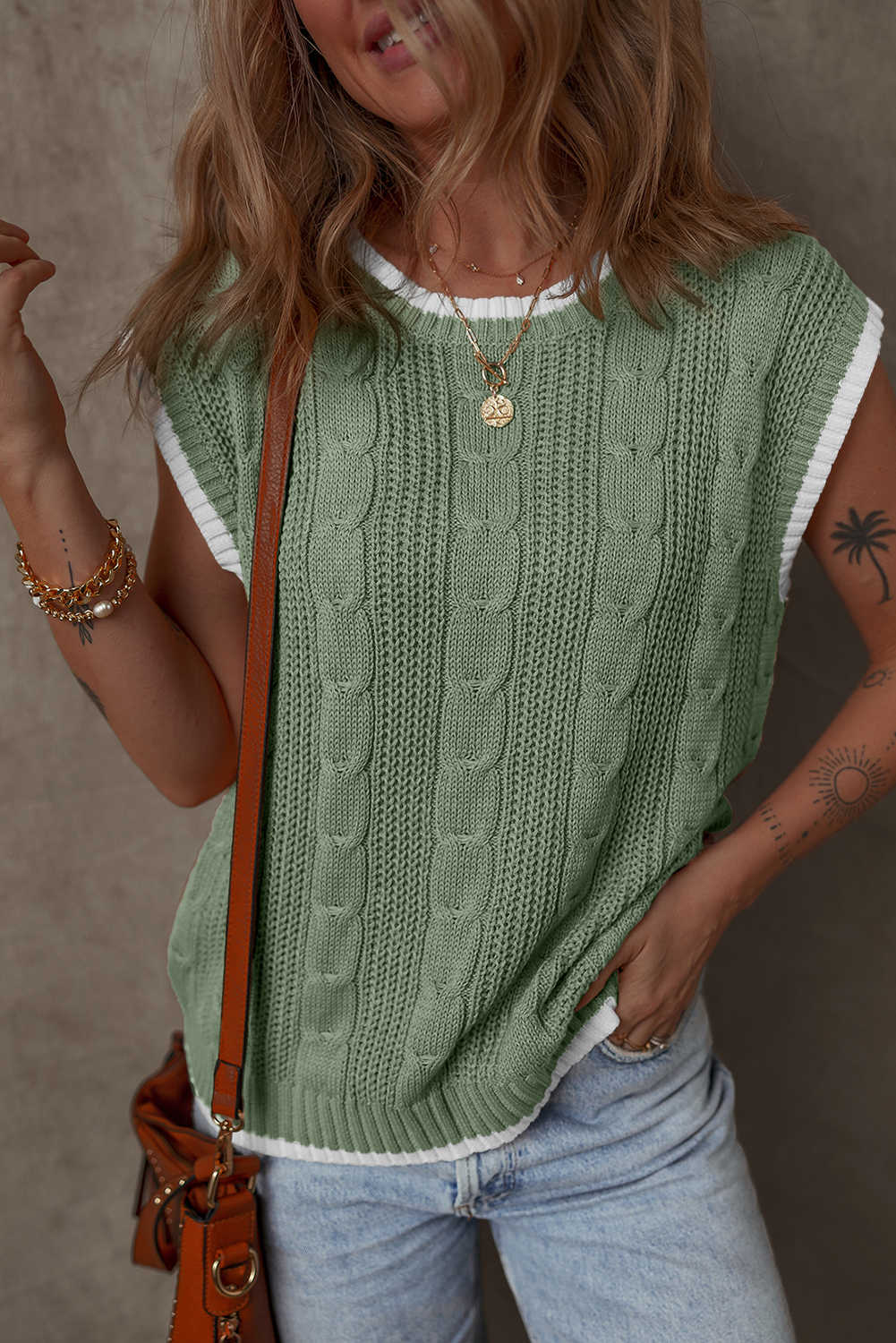 Smoke Green Cable Ribbed Knit Contrast Trim Loose Sweater Vest