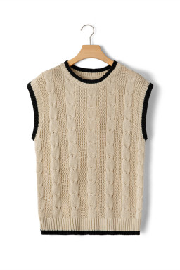 Apricot Cable Ribbed Knit Contrast Trim Loose Sweater Vest