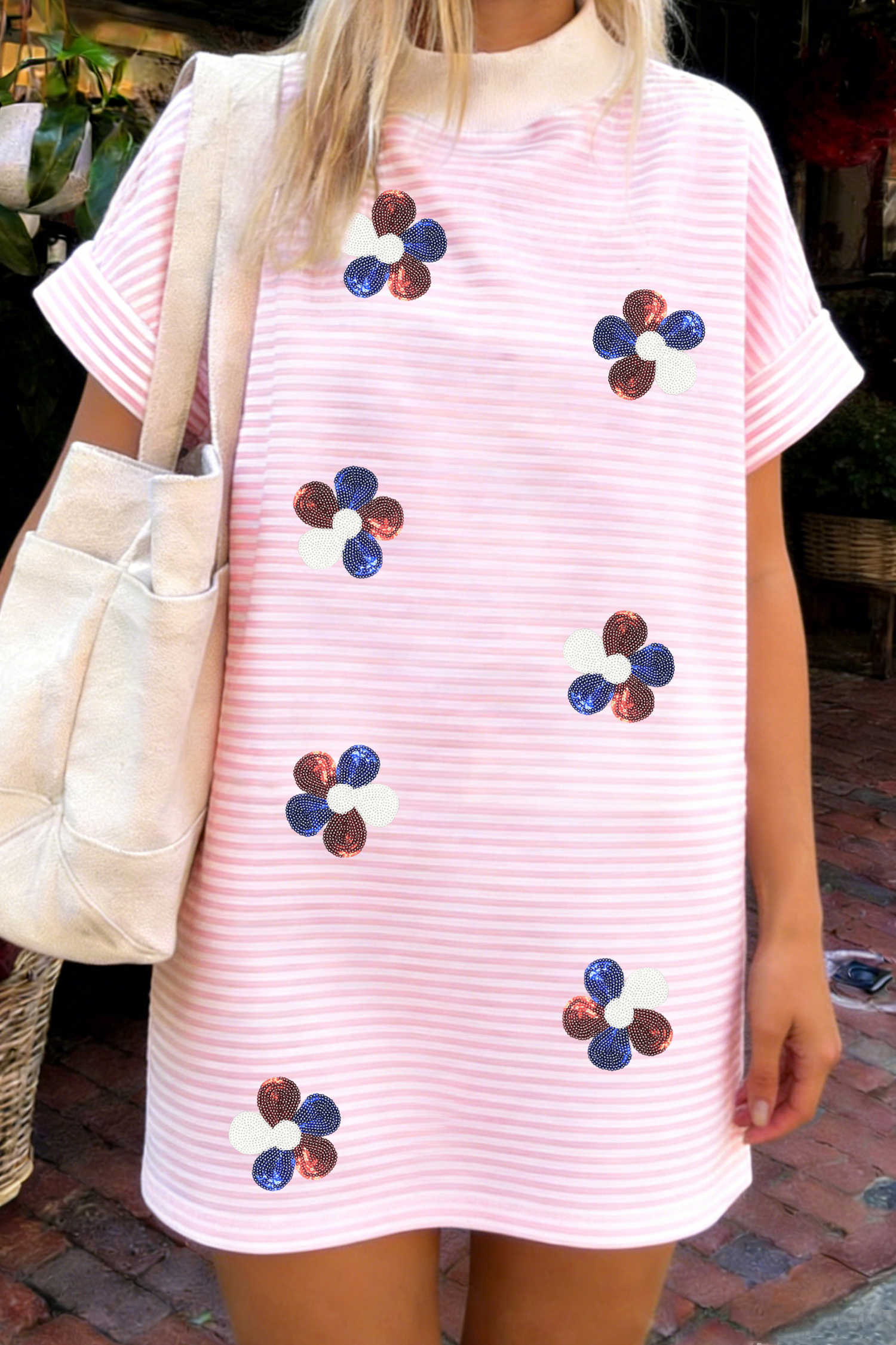 Pink Stripe Patriotic Sequin Flower Mock Neck T Shirt Graphic Dress