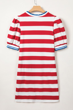 Red Stripe Contrast Trim Round Neck Short Puff Sleeve Shift Mini Dress