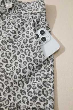 Gray Leopard Print Wrap Front Denim Shorts