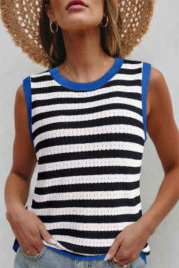 Black Stripe Pointelle Knit Contrast Trim Sleeveless Sweater Top