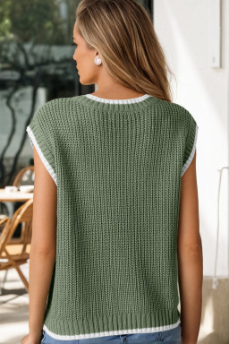 Smoke Green Cable Ribbed Knit Contrast Trim Loose Sweater Vest