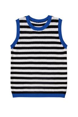 Black Stripe Pointelle Knit Contrast Trim Sleeveless Sweater Top