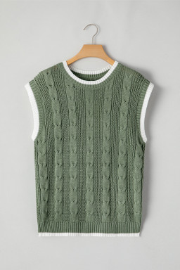 Smoke Green Cable Ribbed Knit Contrast Trim Loose Sweater Vest