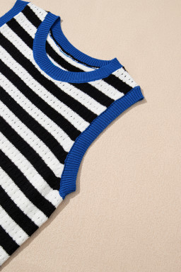 Black Stripe Pointelle Knit Contrast Trim Sleeveless Sweater Top