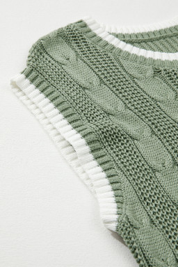 Smoke Green Cable Ribbed Knit Contrast Trim Loose Sweater Vest