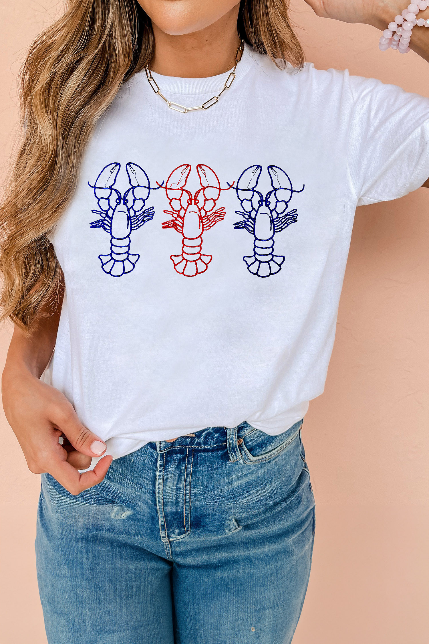 White Embroidered Crayfish Graphic Casual T Shirt