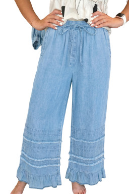 Beau Blue Ruffled Hem Wide Leg Chambray Pants