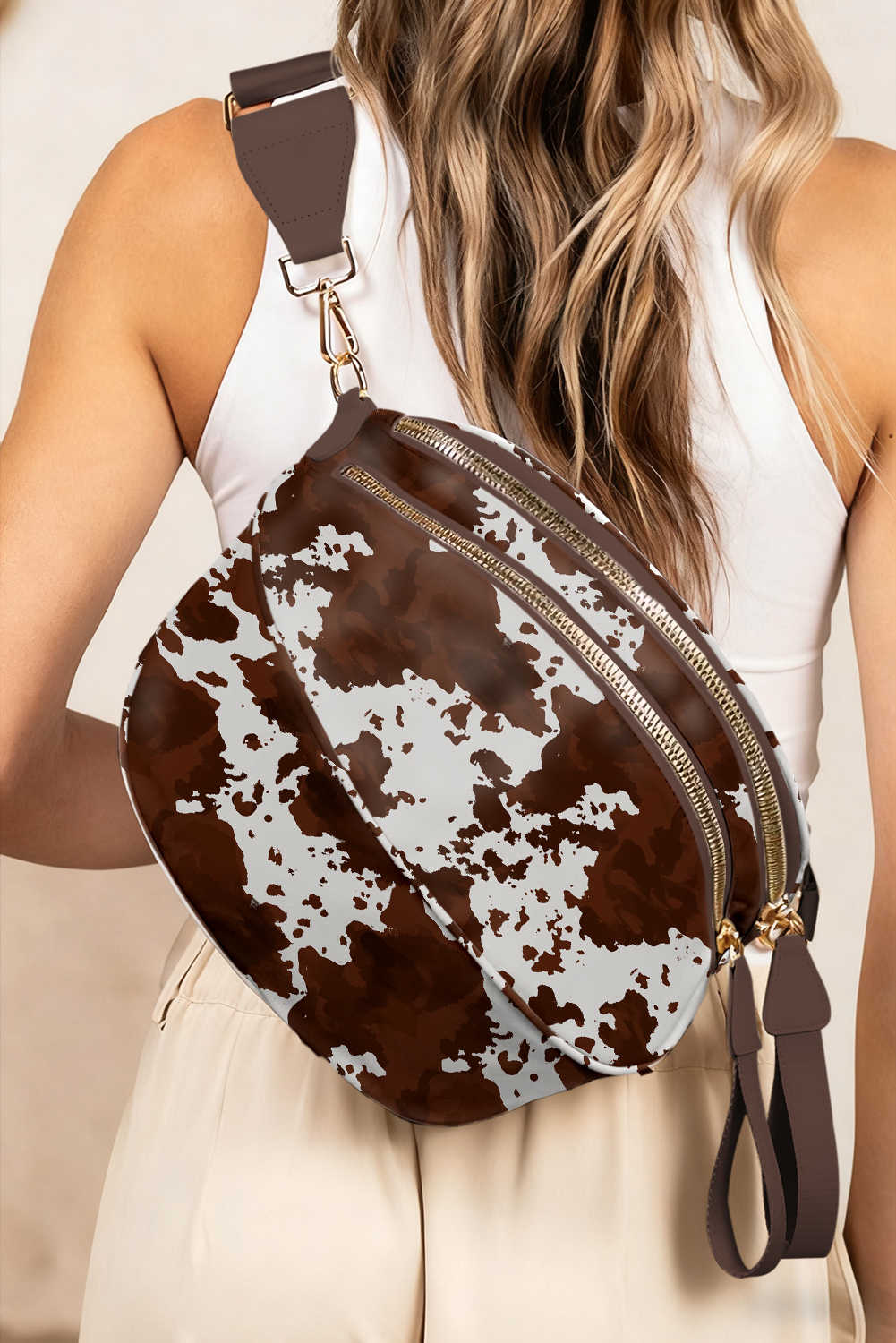 Coffee Cow Spots Printed Double Zip Crossbody Bag