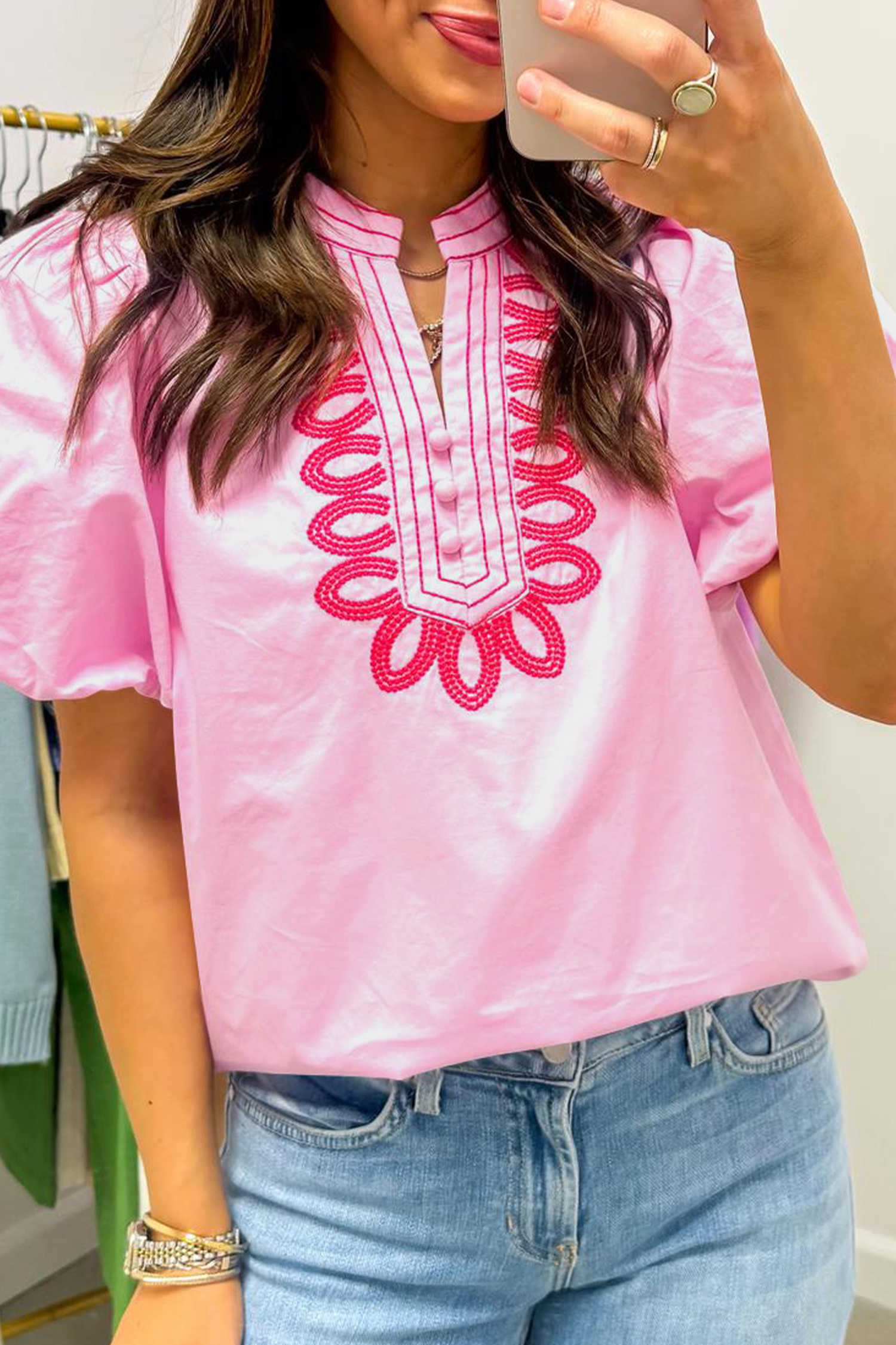 Pink Embroidered Puff Sleeve Top